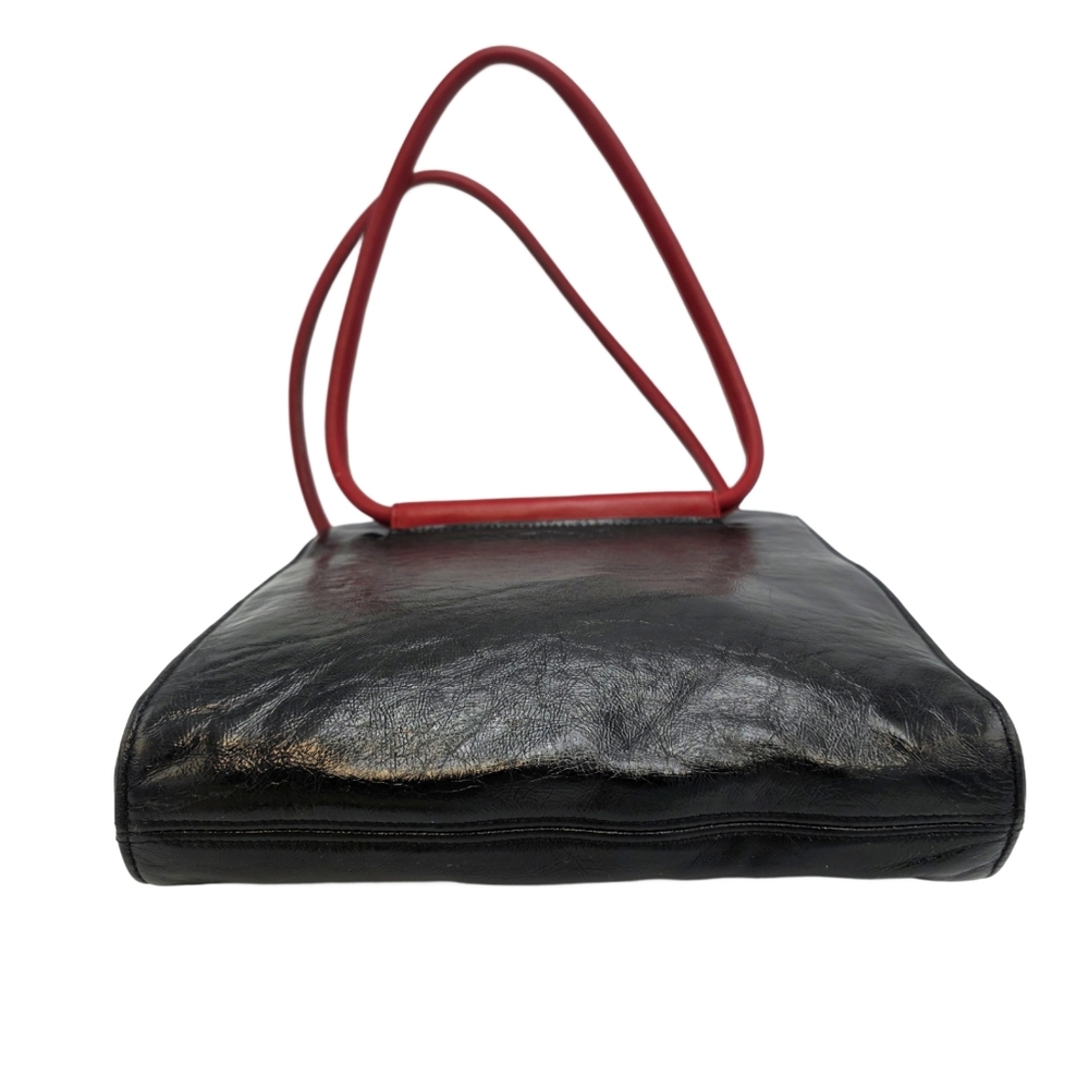 Vintage Amankai Black Leather Tote Red Handles Excellent Cond Attached Pouch - Picture 5 of 9